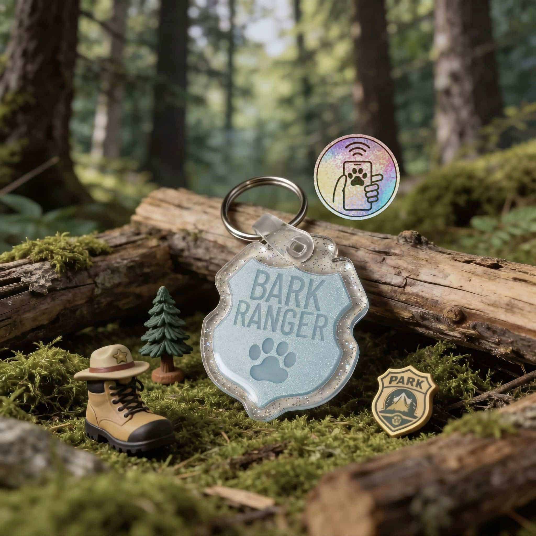 NFC pet ID tag in a clear acrylic shape with "Bark Ranger" text and paw print, surrounded by miniatu.
