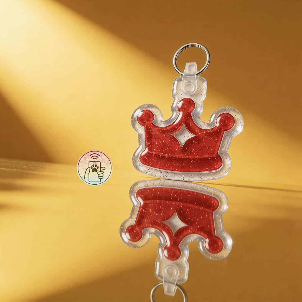 NFC pet ID tag shaped like a crown with red glitter acrylic, designed for dogs and cats.