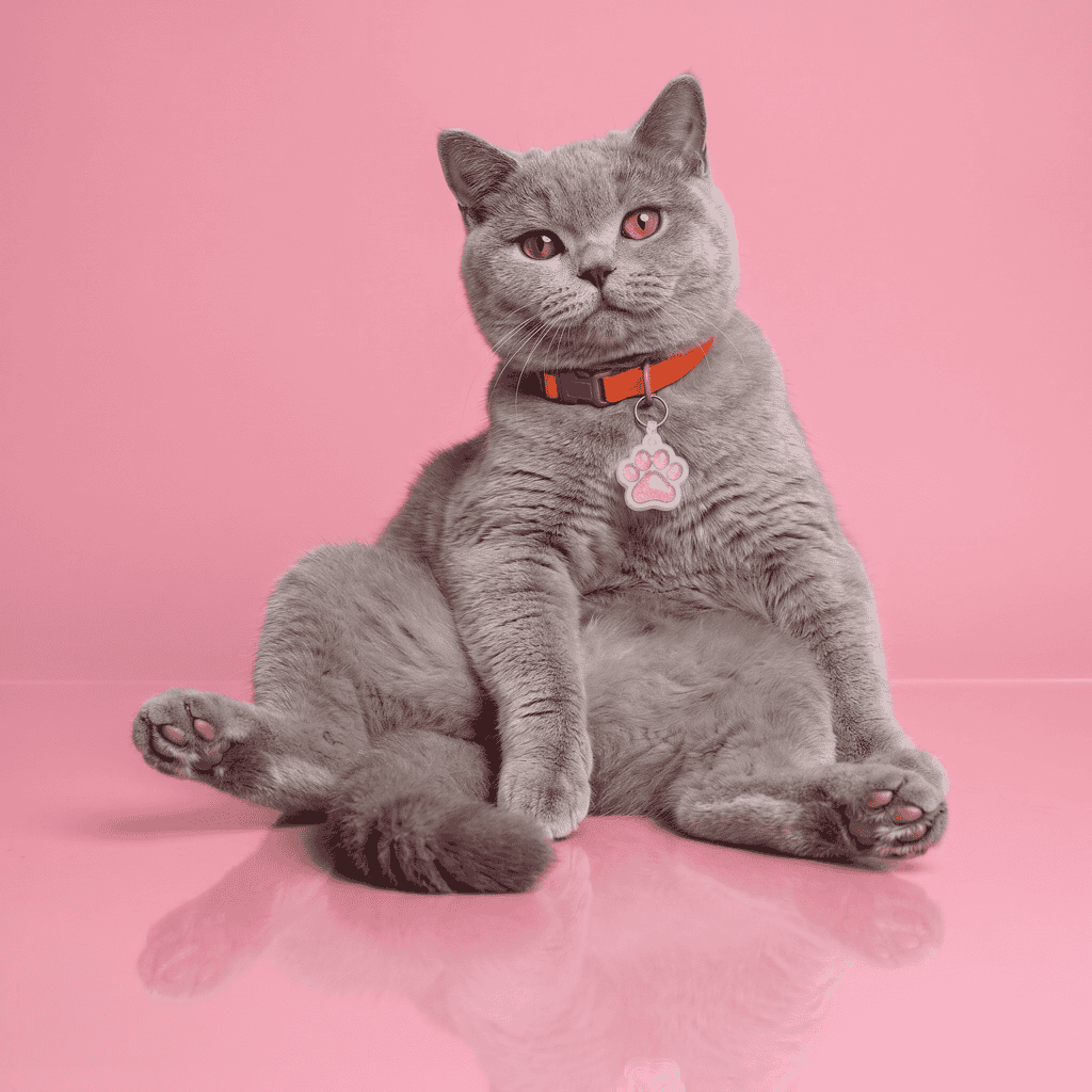 Gray cat wearing a pink paw-shaped NFC smart pet ID tag on a pink background.
