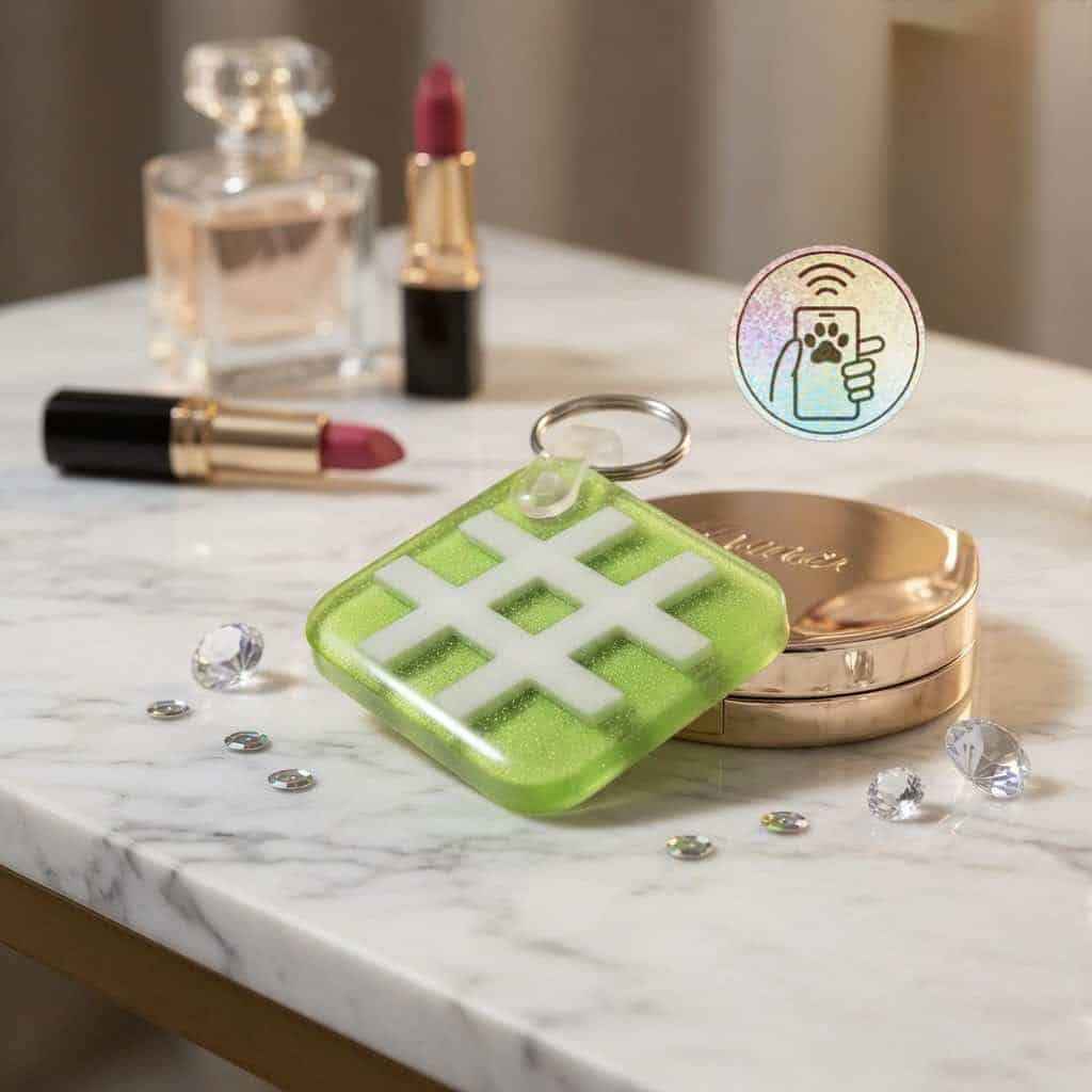 NFC pet ID tag in bright green with a keyring, surrounded by makeup items and rhinestones on a marbl.