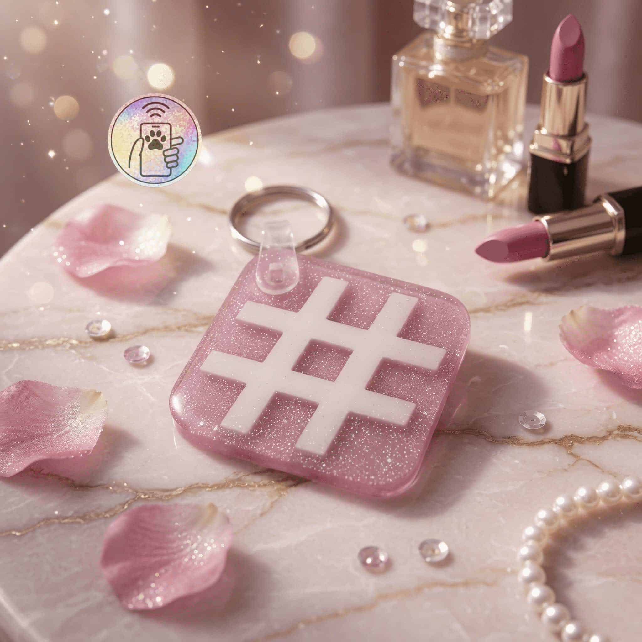 Pink glitter NFC pet ID tag with hashtag shape, perfect for dogs and cats.