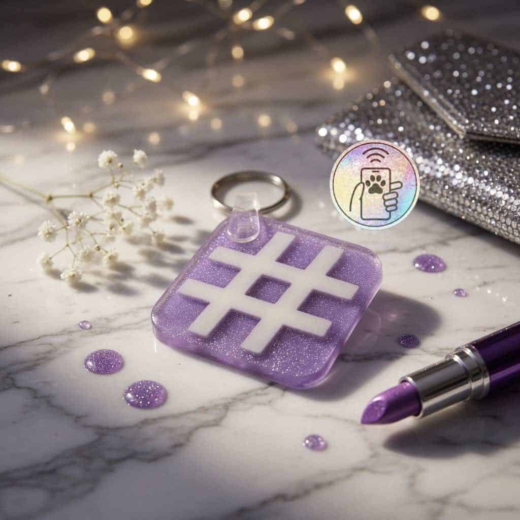 NFC pet ID tag with hashtag shape, perfect for dogs and cats, featuring glittery purple acrylic and.