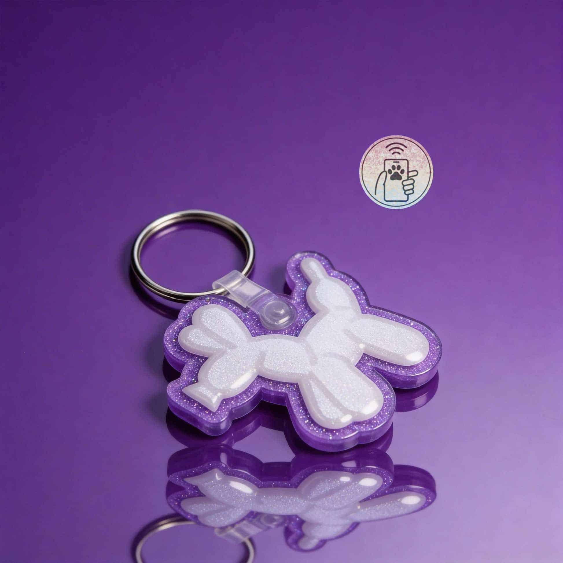 Cute unicorn-shaped NFC pet ID tag in purple with glitter accents for dogs and cats.