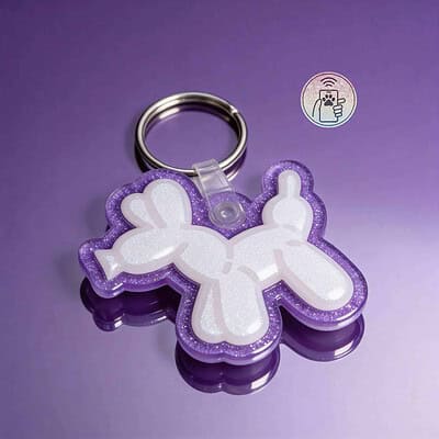 NFC pet ID tag shaped like a bunny with purple glitter border for dogs and cats.