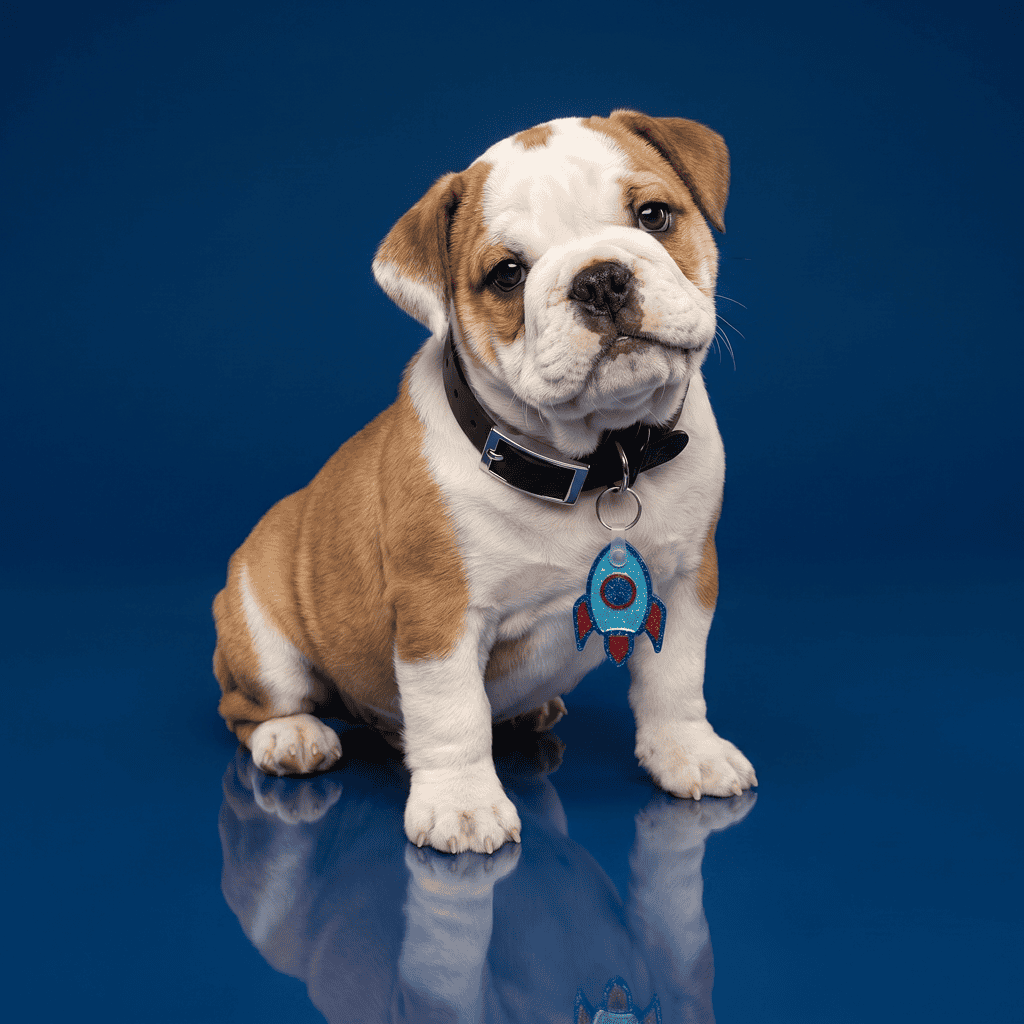 Adorable bulldog puppy wearing a space-themed NFC pet ID tag on a blue background.