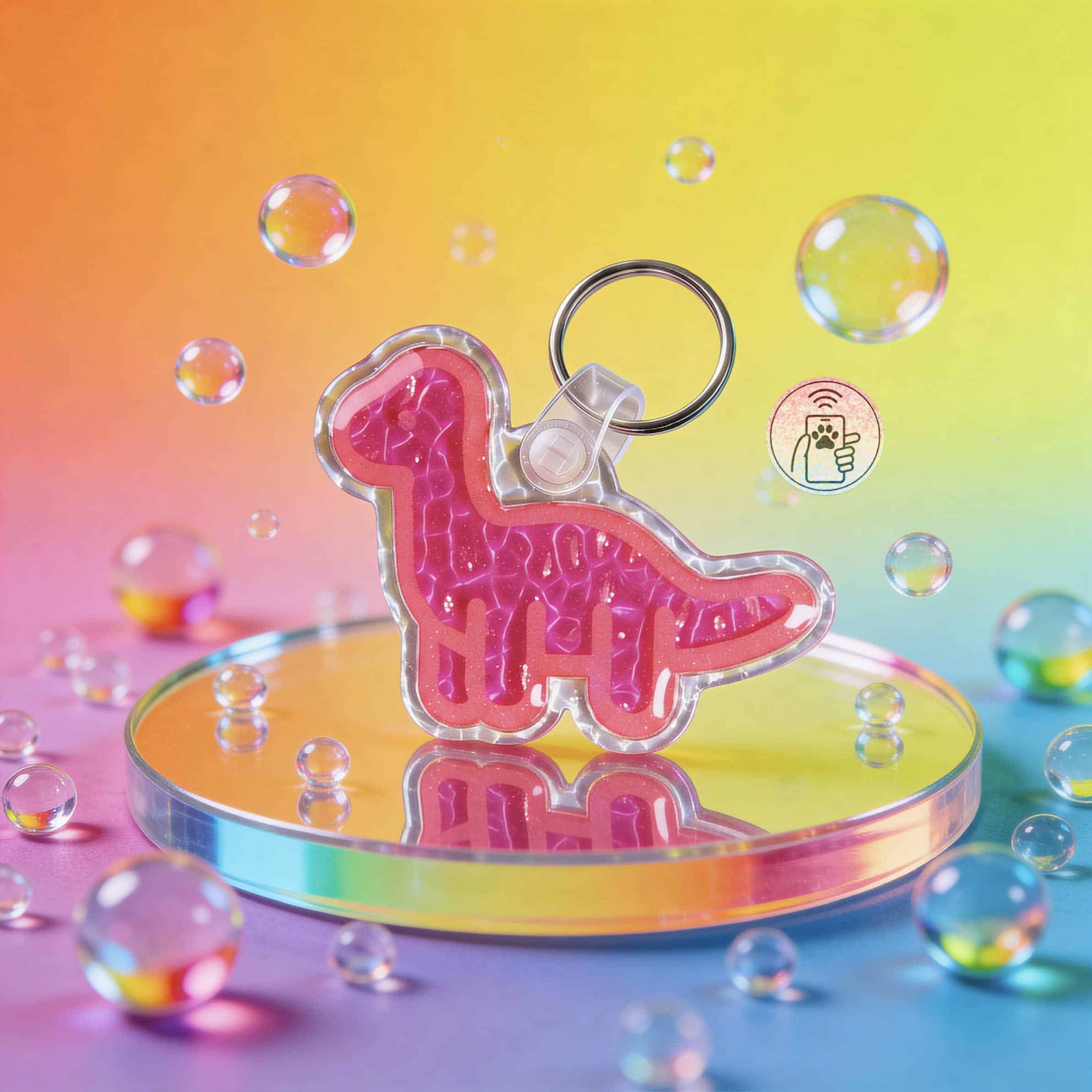 NFC pet ID tag shaped like a dinosaur, designed for dogs and cats, with colorful acrylic material.