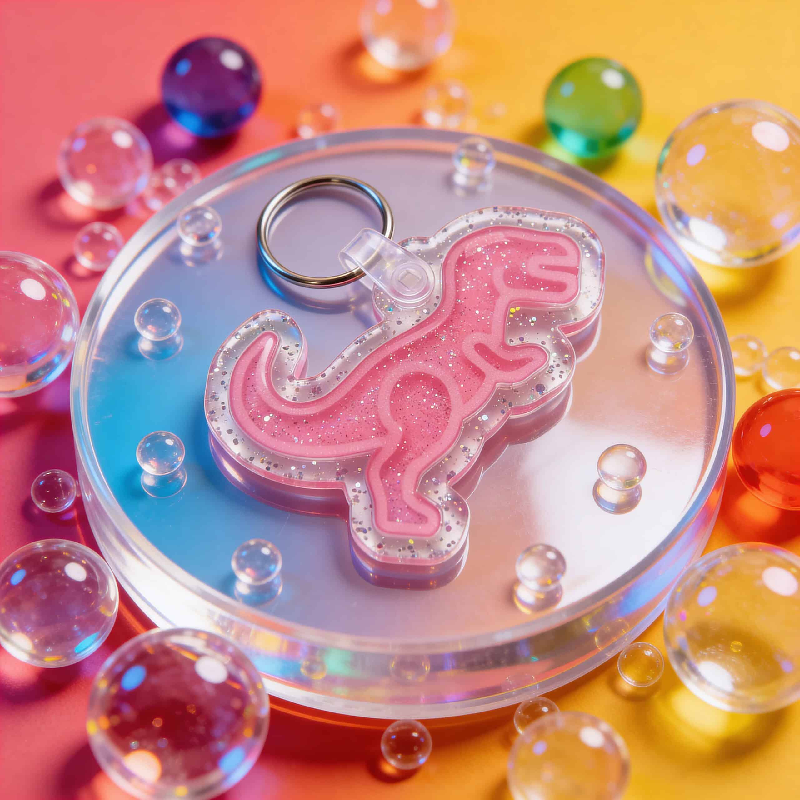 Pink dinosaur-shaped NFC pet ID tag with glitter and clear acrylic, designed for dogs and cats.
