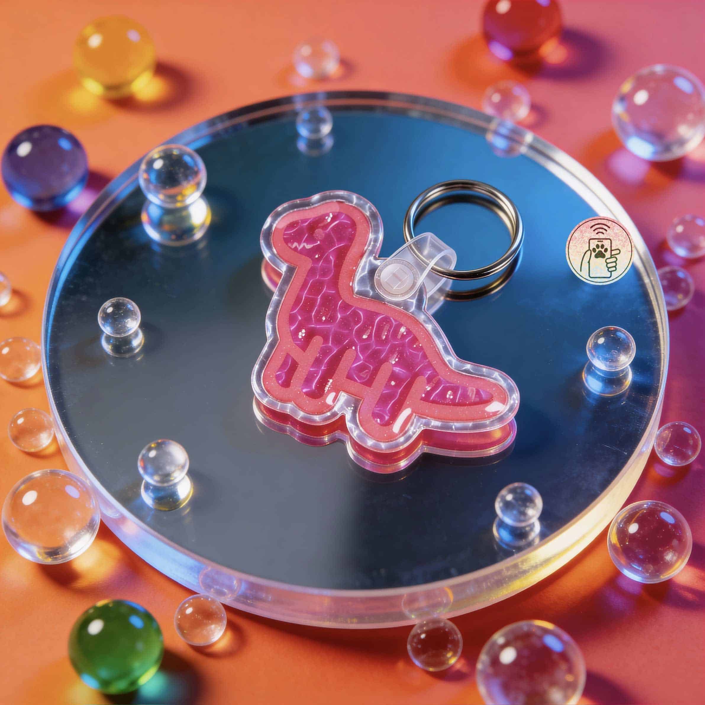 NFC pet ID tag shaped like a dinosaur, designed for dogs and cats, with a keyring for easy attachmen.