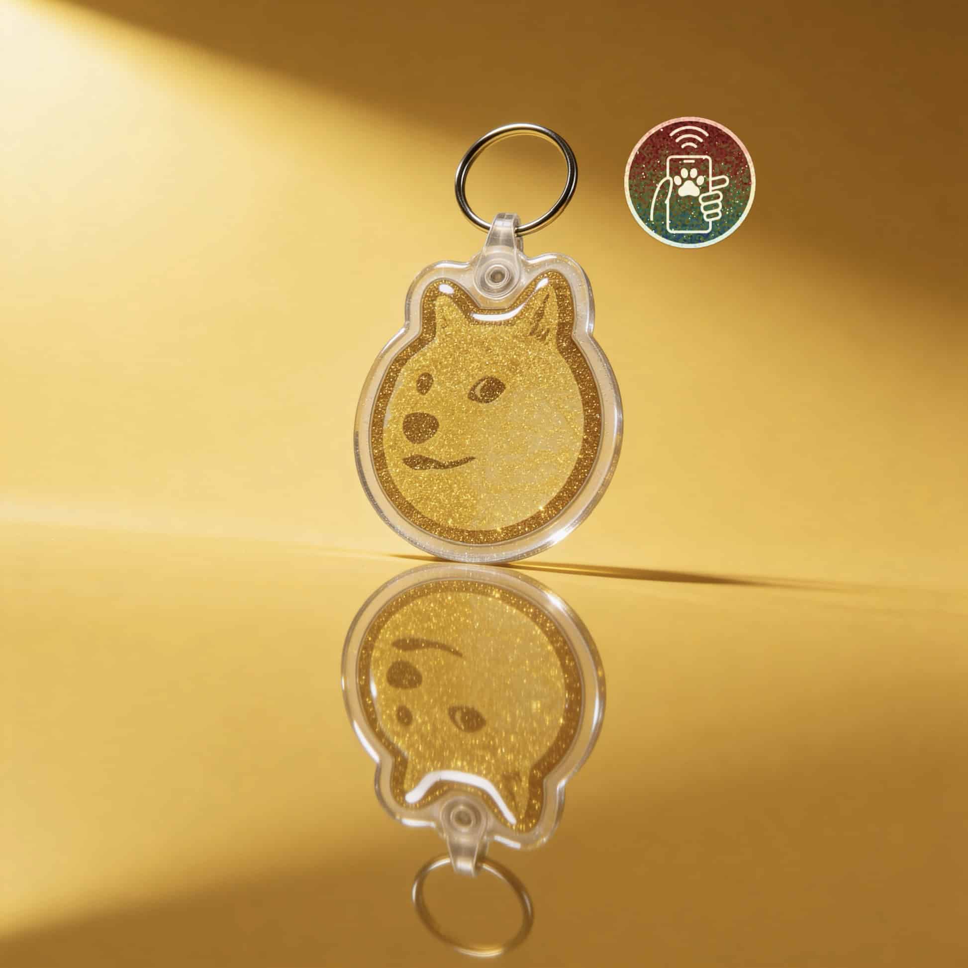 Clear acrylic NFC pet ID tag featuring a cute dog face design, perfect for dogs and cats.