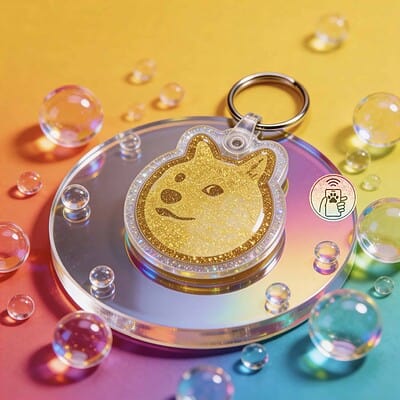 Glittery dog-shaped NFC pet ID tag with Doge face, on colorful background with bubbles.