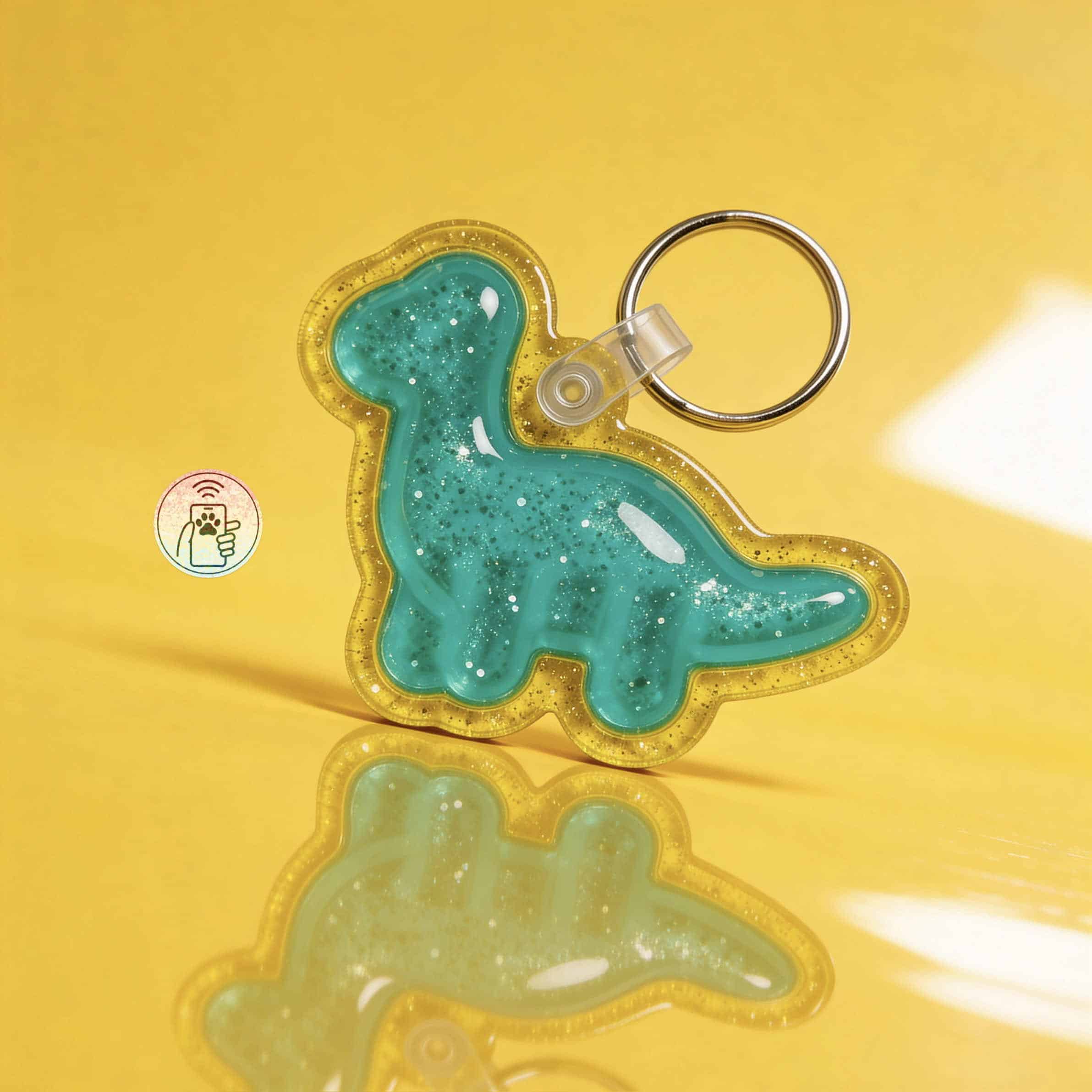 NFC pet ID tag shaped like a dinosaur, perfect for dogs and cats, with a keyring attachment.