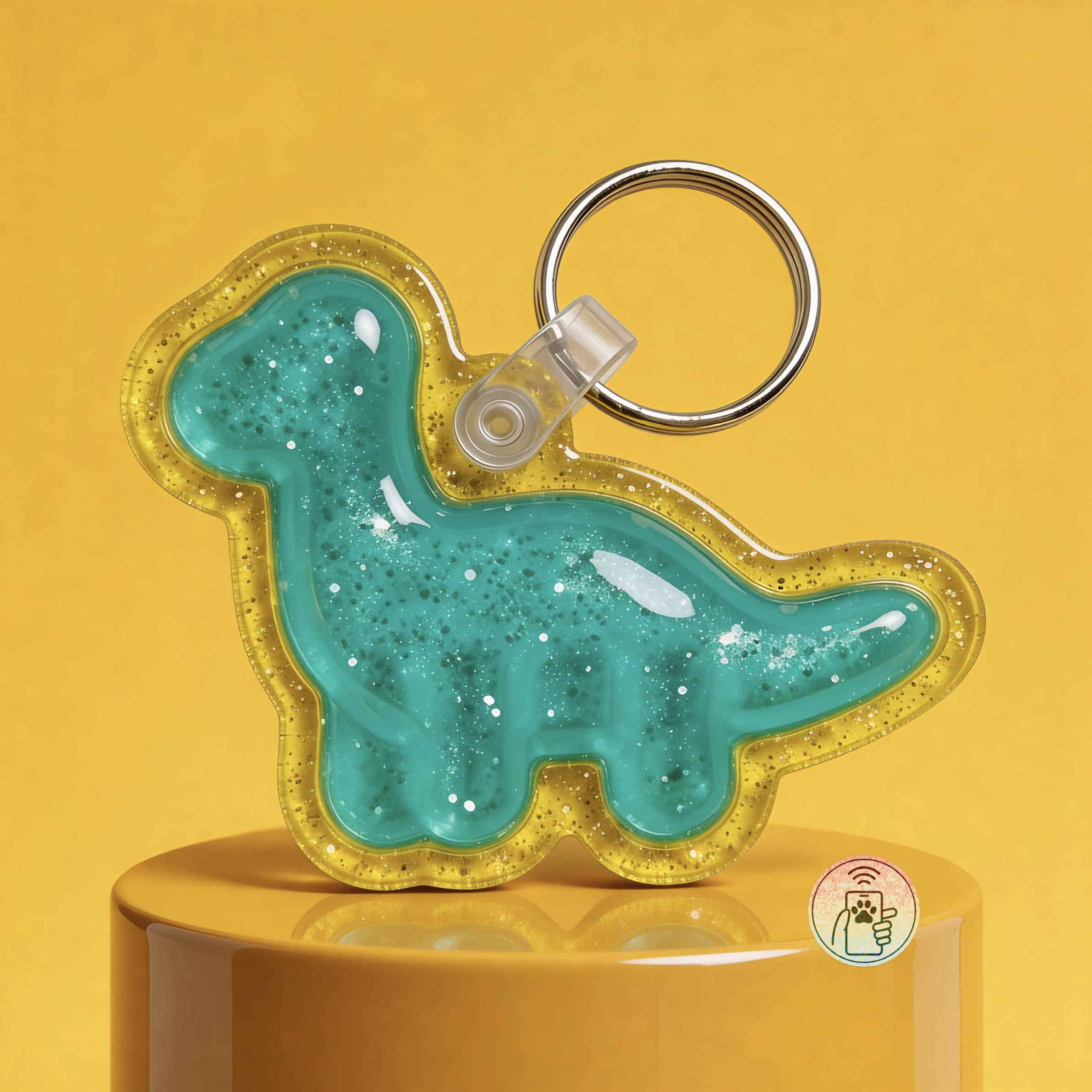NFC pet ID tag shaped like a dinosaur in turquoise with glitter, attached to a keyring. Perfect for.
