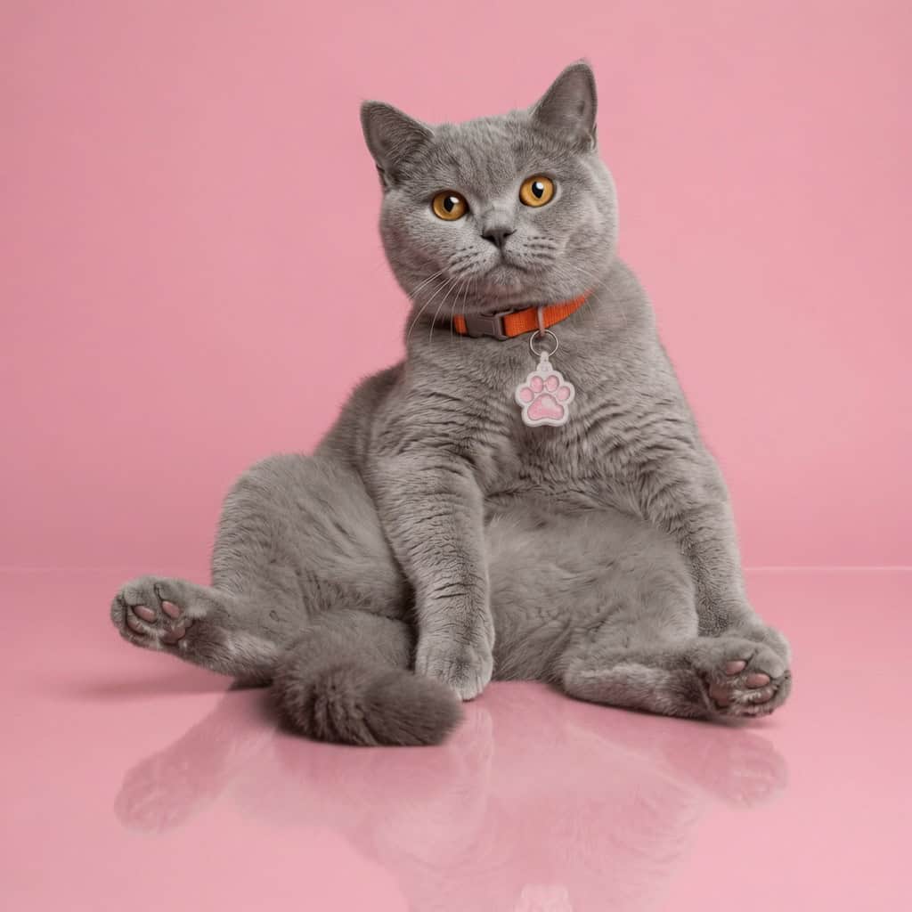 Adorable gray cat wearing a pink paw-shaped NFC pet ID tag.