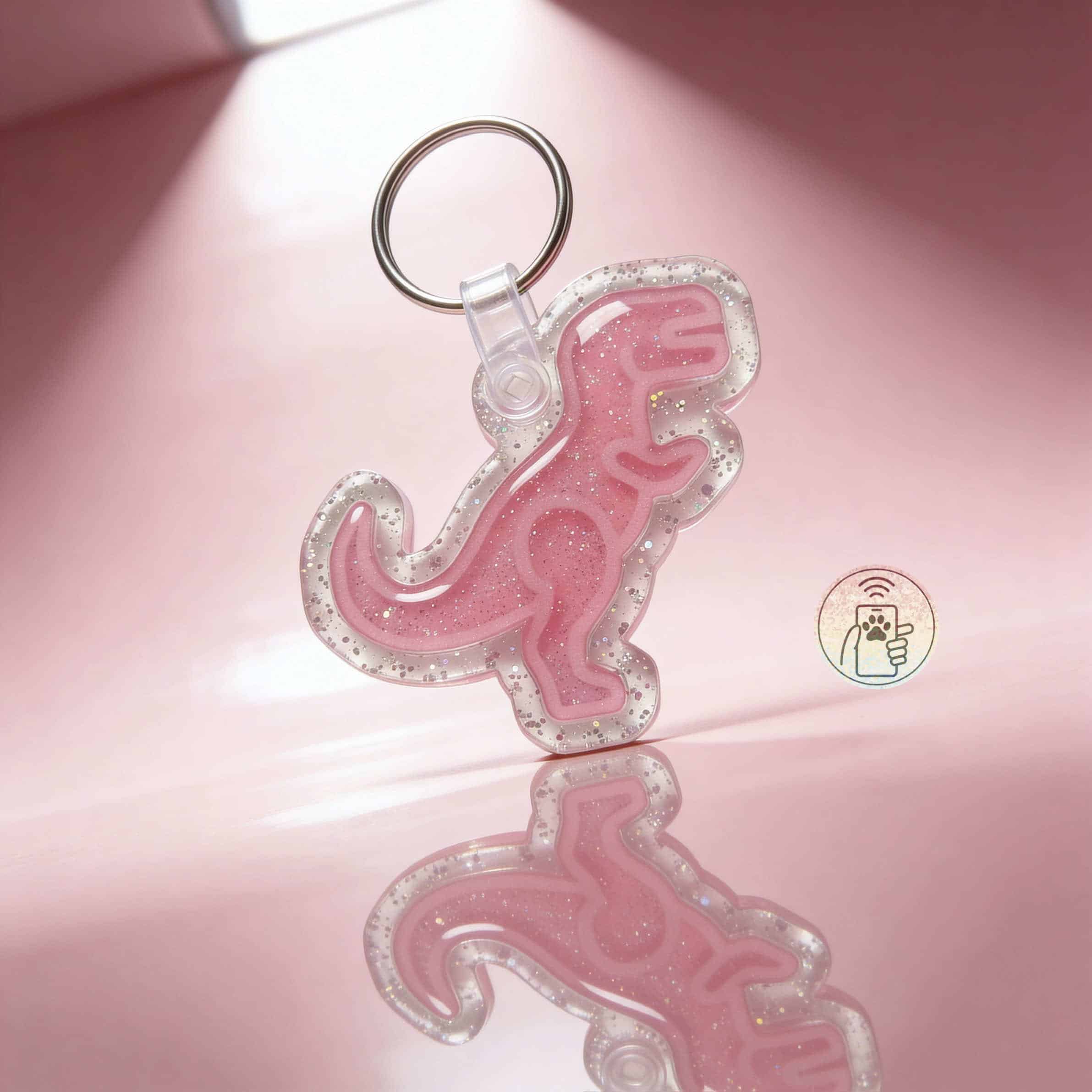 NFC pet ID tag shaped like a pink dinosaur with a keyring for pets.