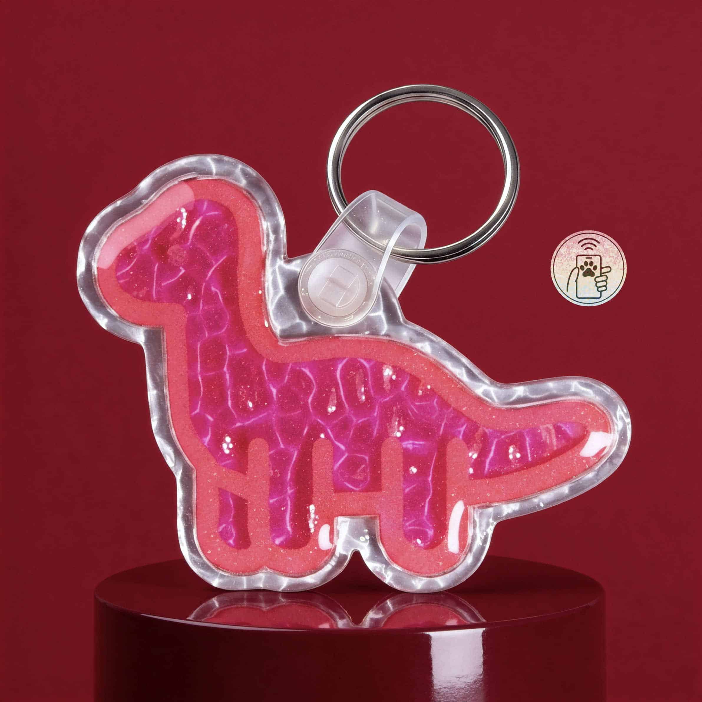 Bright pink dinosaur-shaped NFC pet ID tag with LED lights for dogs and cats.
