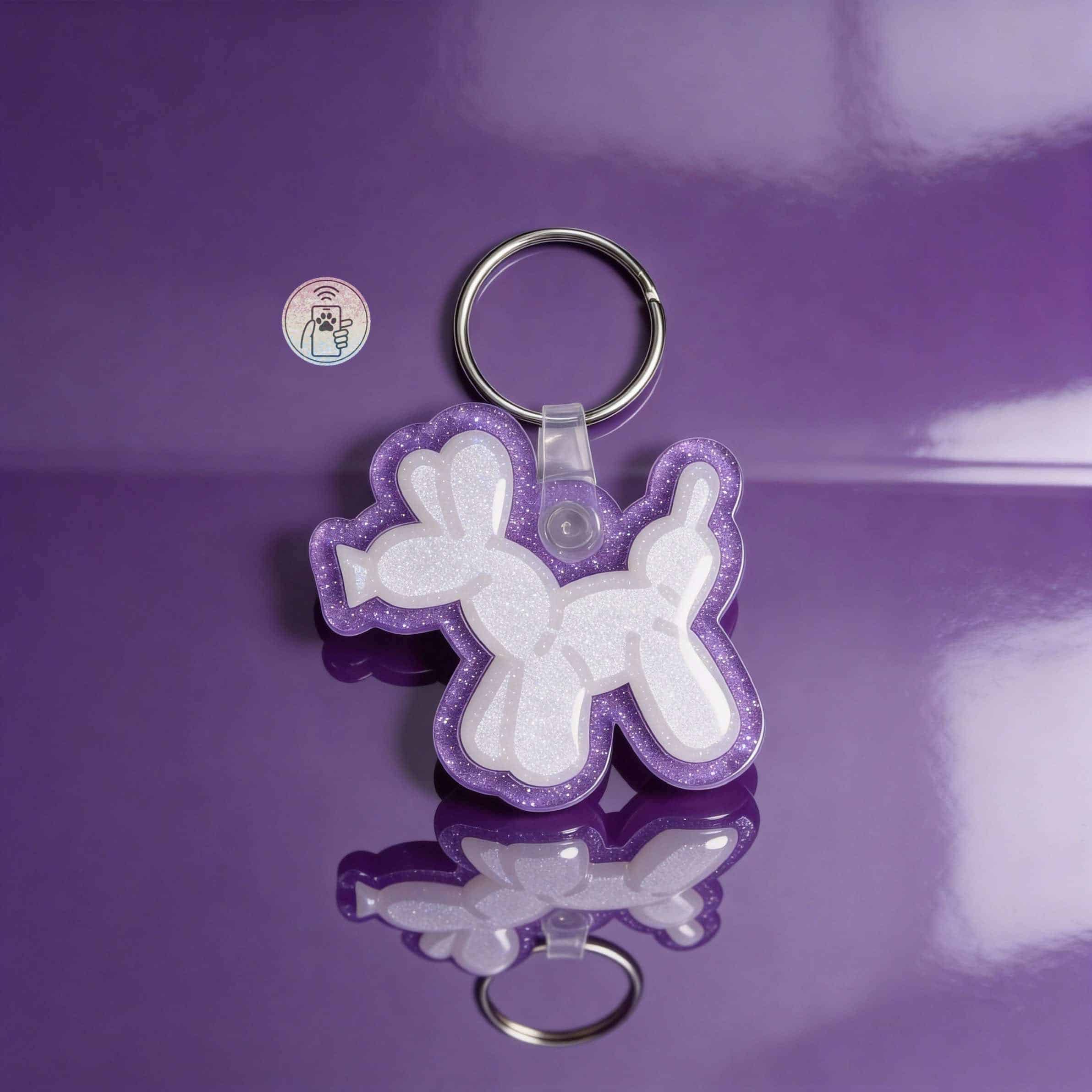 NFC pet ID tag shaped like a unicorn with purple glitter, perfect for dogs and cats.