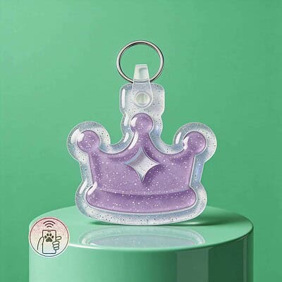 Glitter purple crown-shaped NFC pet ID tag for dogs and cats on green background.