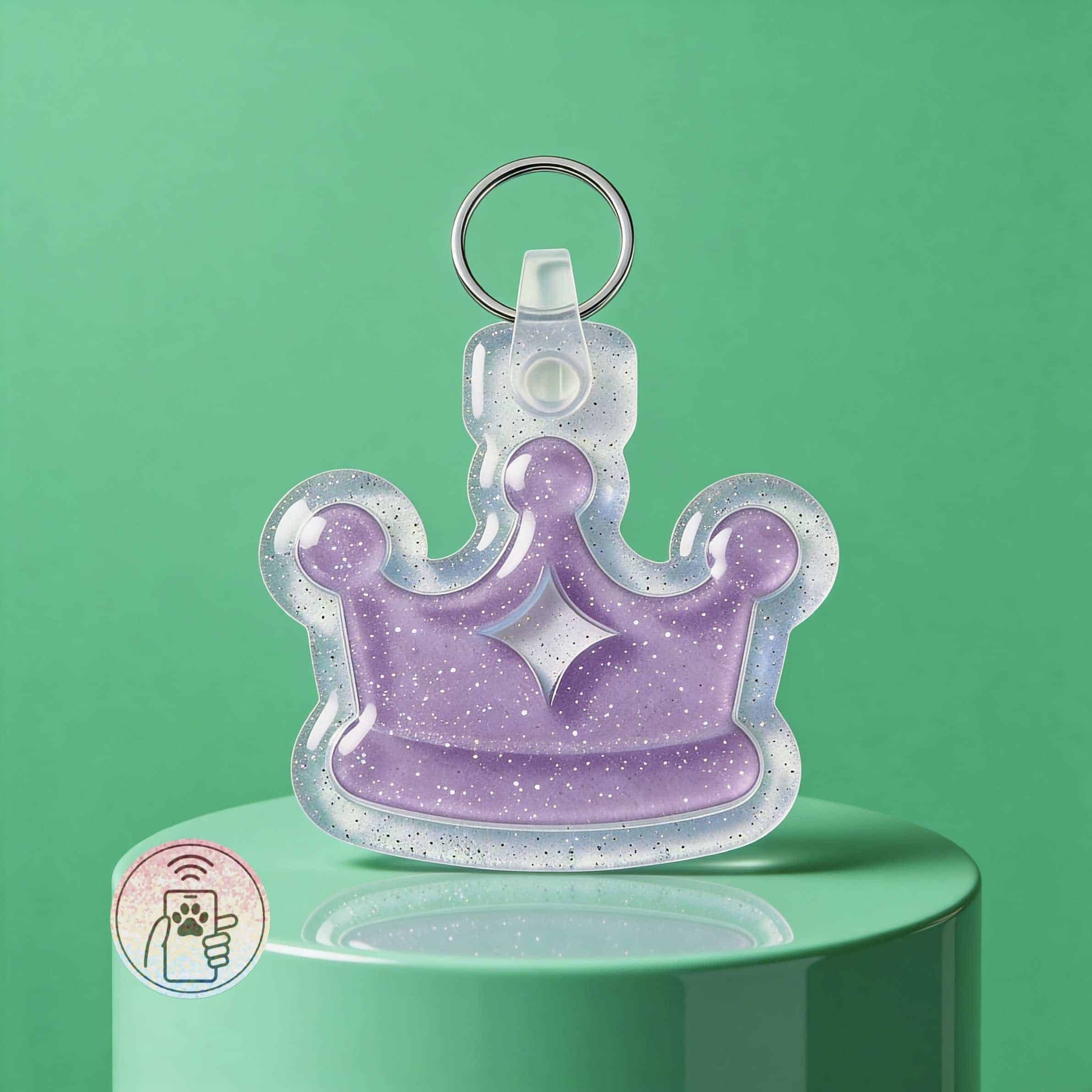 Glitter purple crown-shaped NFC pet ID tag for dogs and cats on green background.