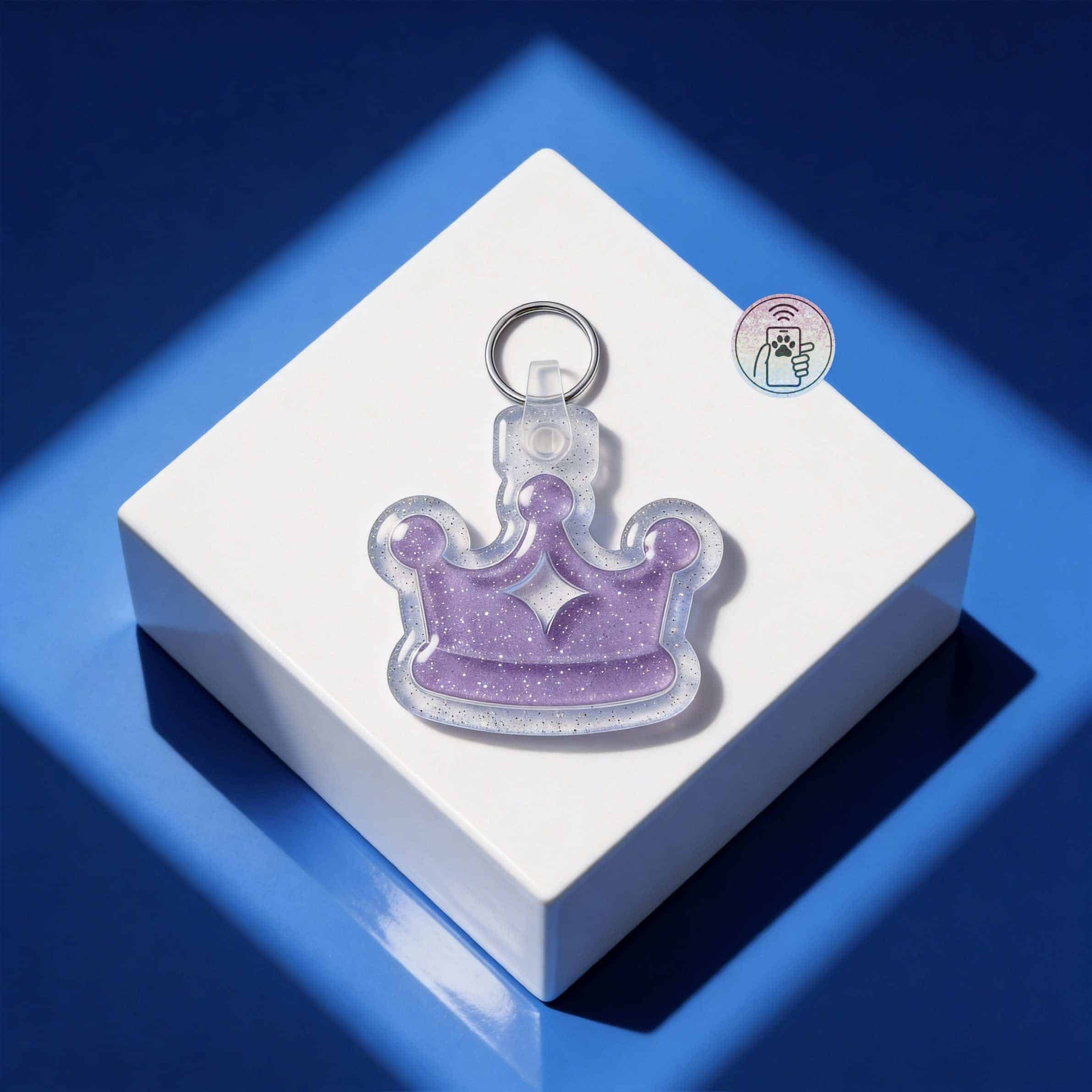 Glitter purple crown-shaped NFC pet ID tag for dogs and cats with keyring.