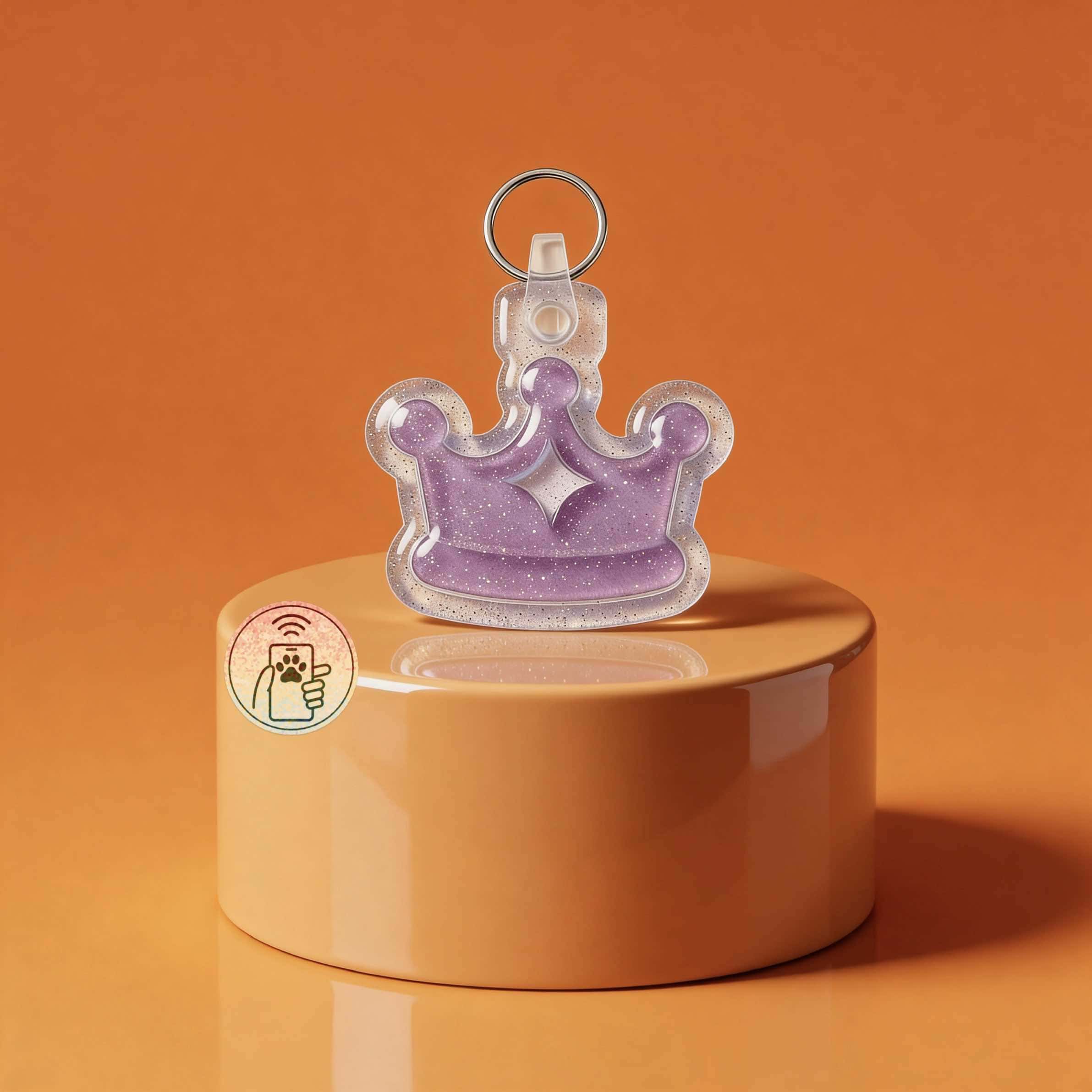 NFC pet ID tag shaped like a crown in glittery purple acrylic for dogs and cats.