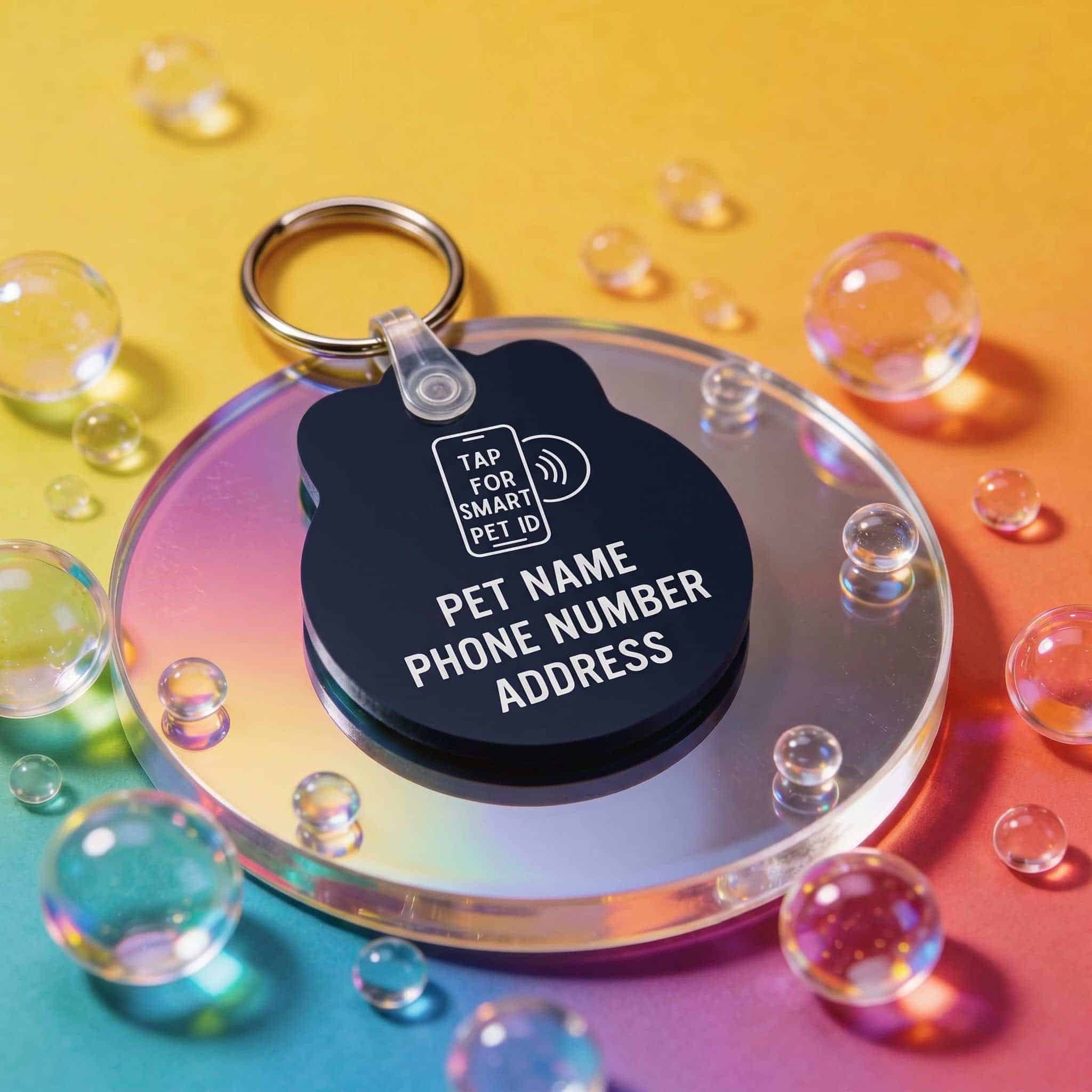 NFC pet ID tag with customizable info for dogs and cats, featuring a sleek acrylic design.