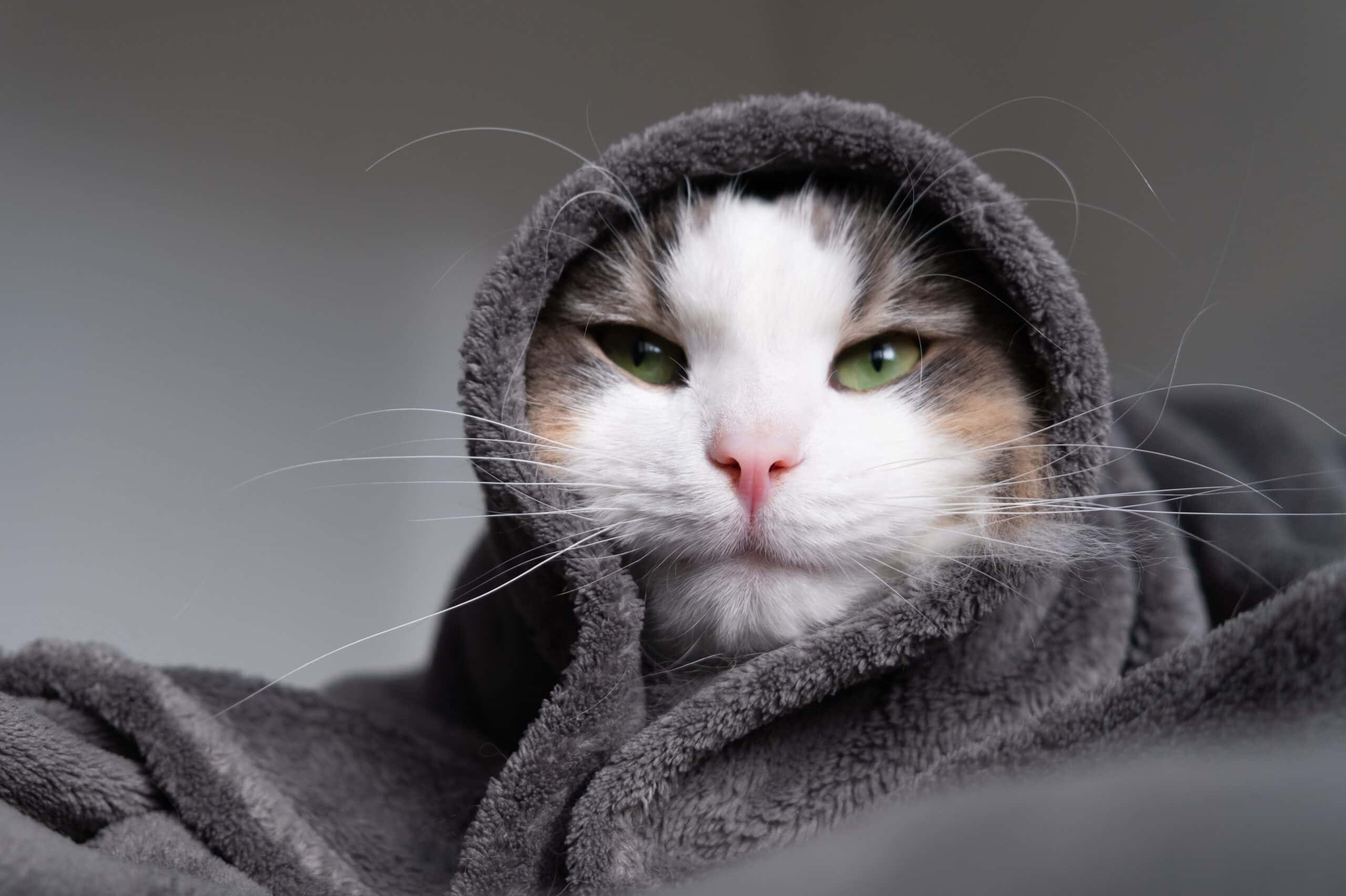 Sweet cat snuggled in a cozy gray blanket gazing at the camera