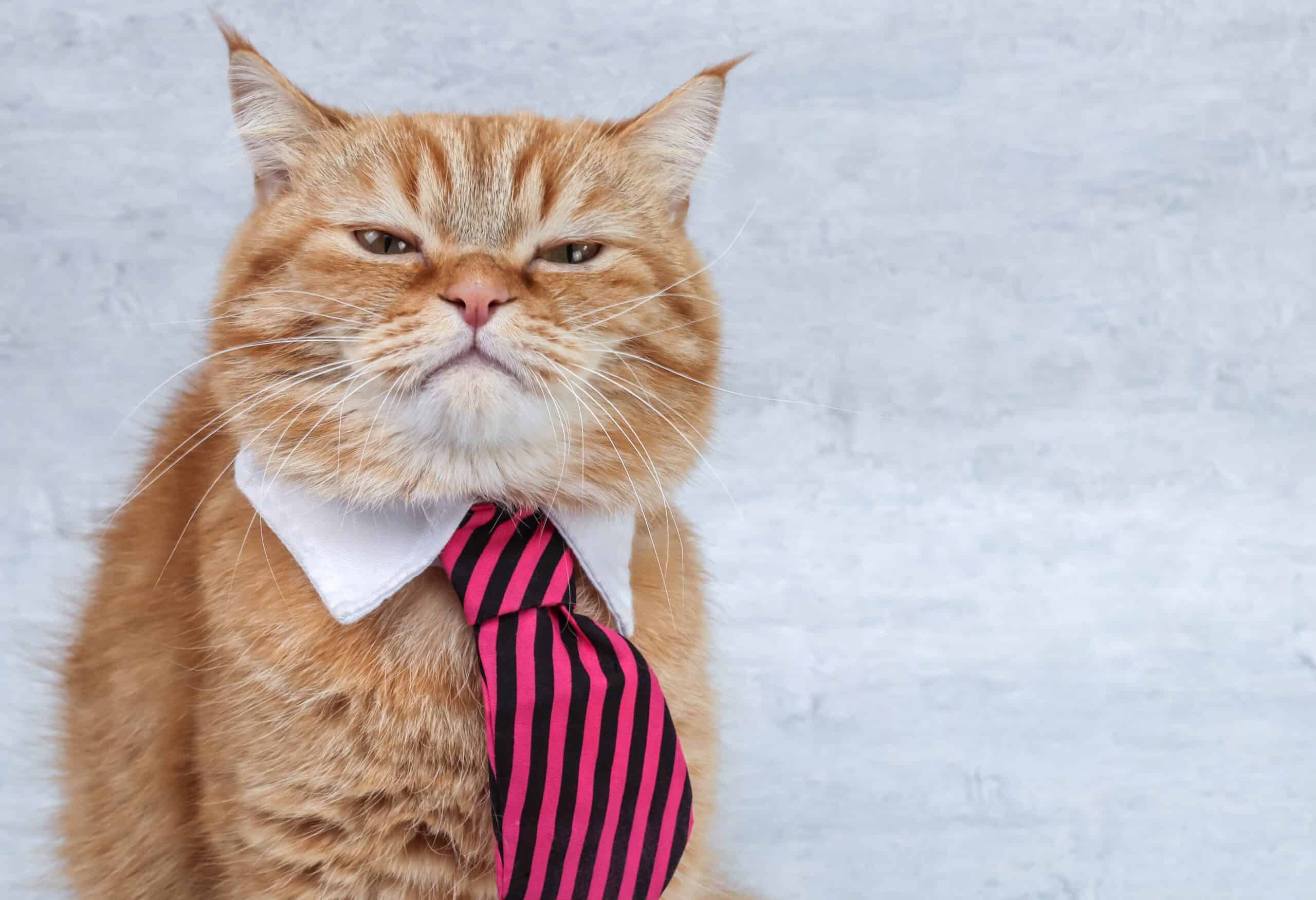 Adorable orange cat wearing a necktie and collar with a pet ID tag
