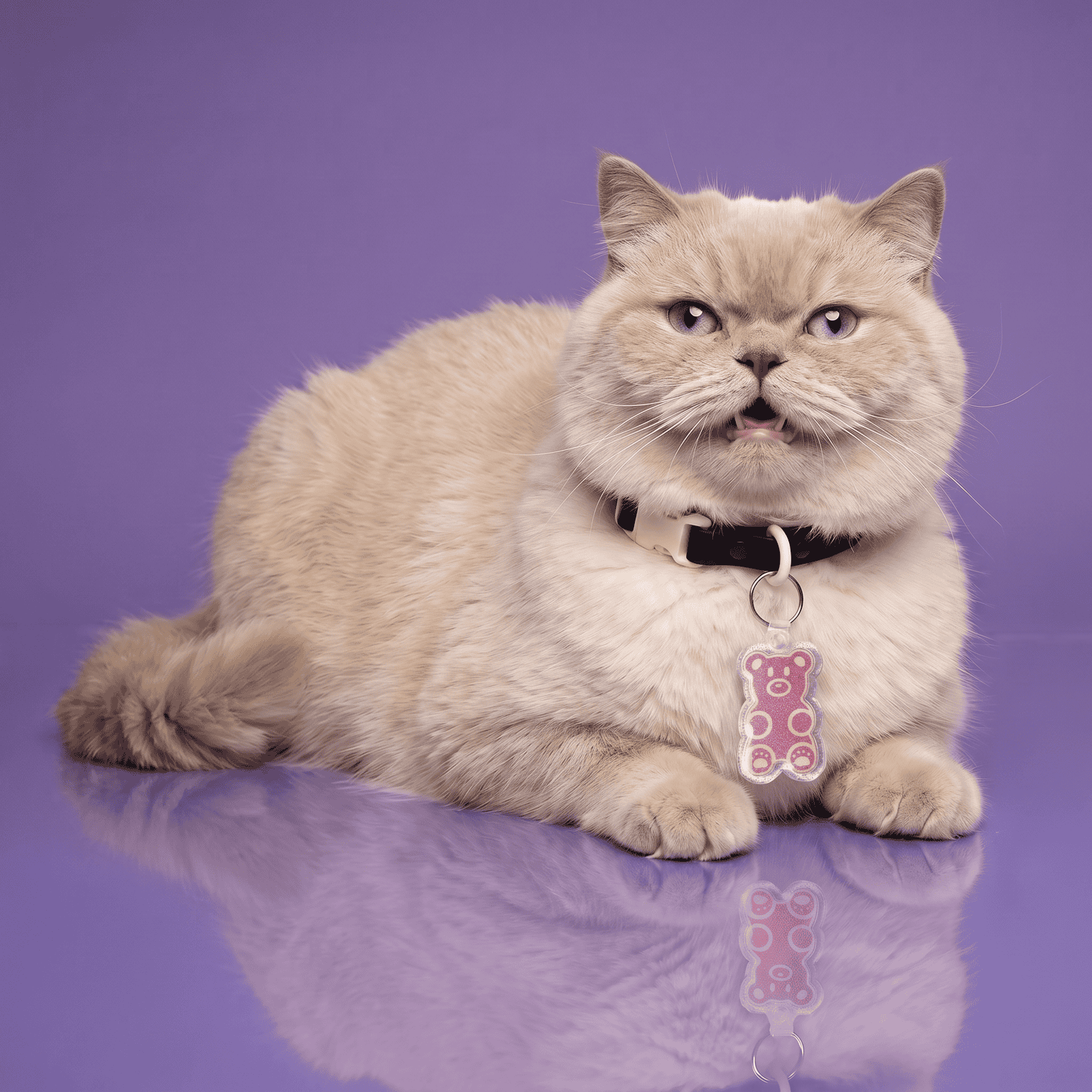 Adorable cat wearing a designer acrylic pet ID tag on a purple background.