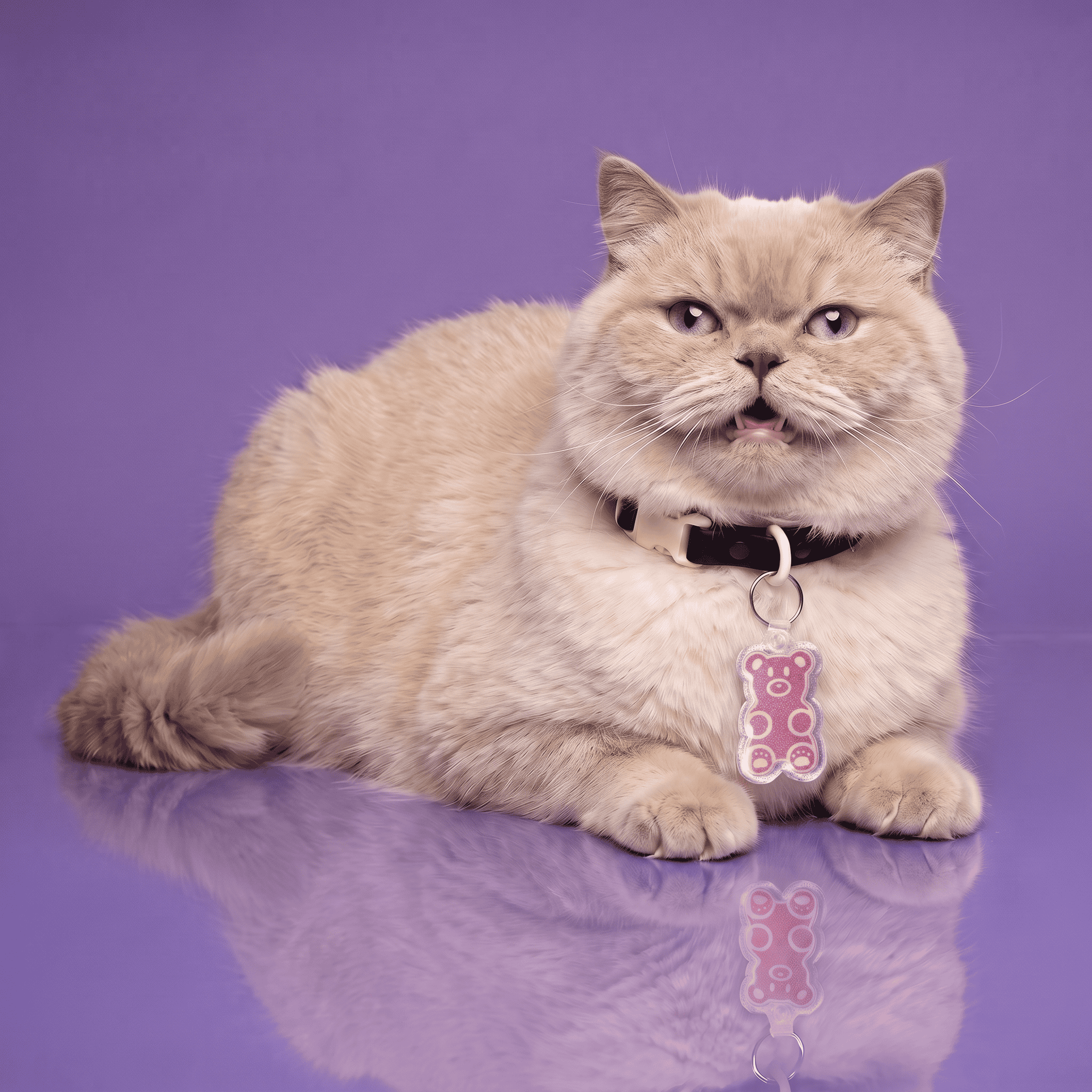 Adorable cream British Shorthair cat lounging with a pink ID tag on its collar