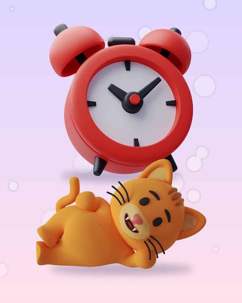 3D illustration of a red alarm clock above a sleepy cartoon cat