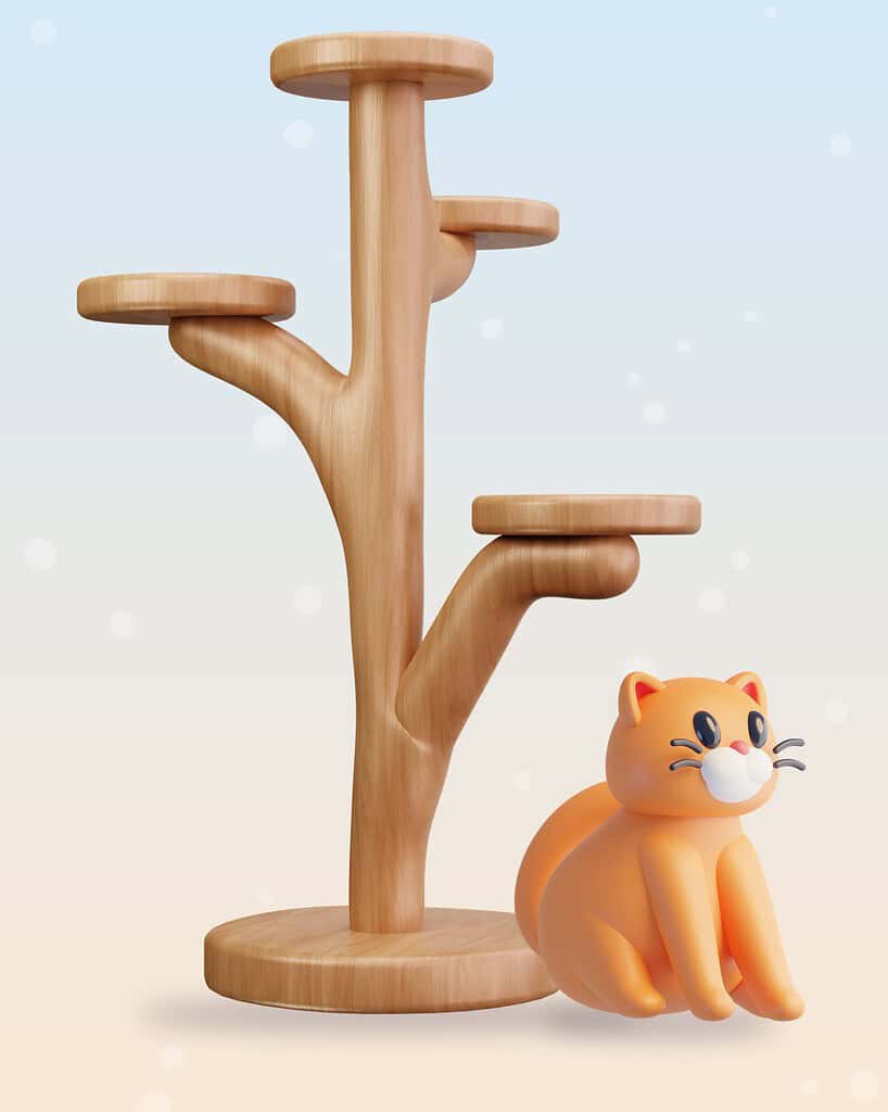 3D illustration of a wooden cat tree with shelves and an orange cat