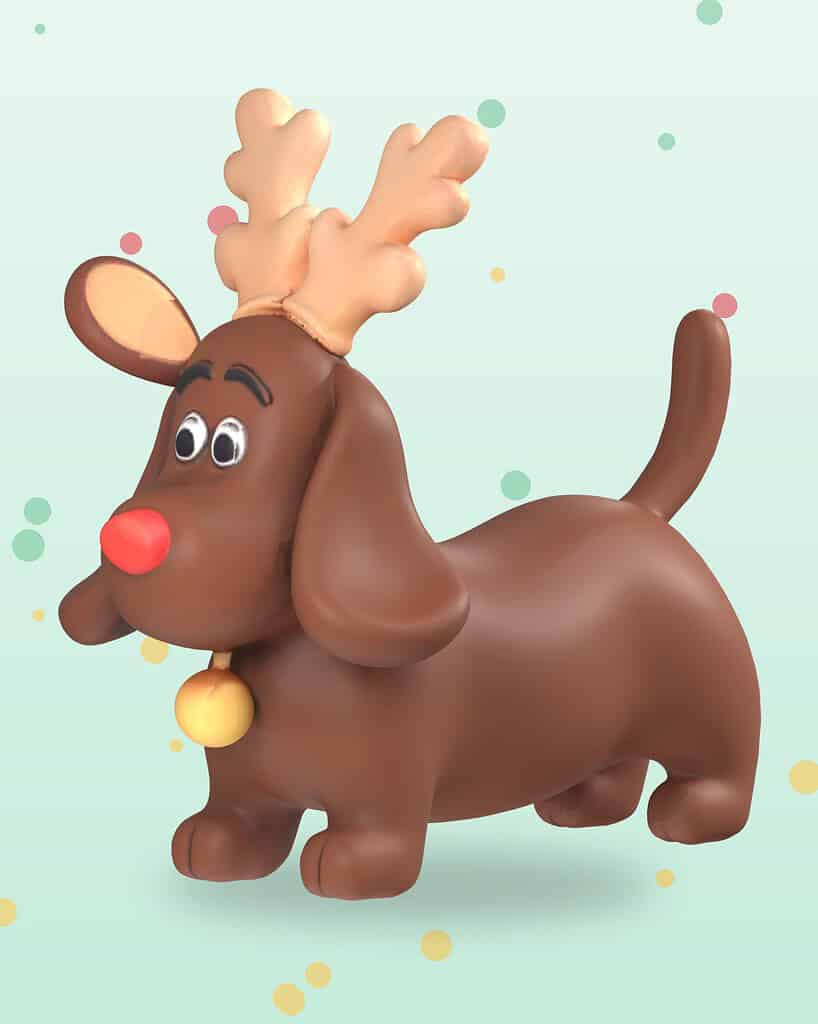 3D illustration of a dachshund wearing reindeer antlers