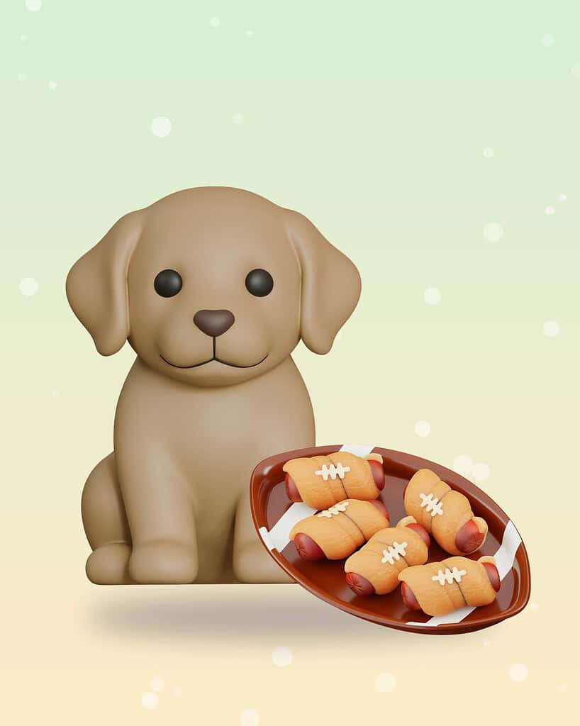 3D illustration of a cartoon puppy next to a football-shaped plate of game day snacks