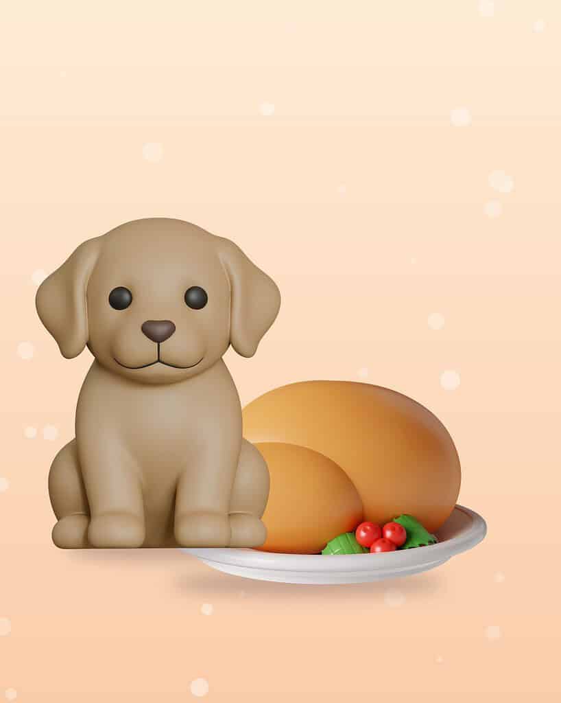 3D illustration of a cartoon puppy sitting beside a roast turkey on a plate