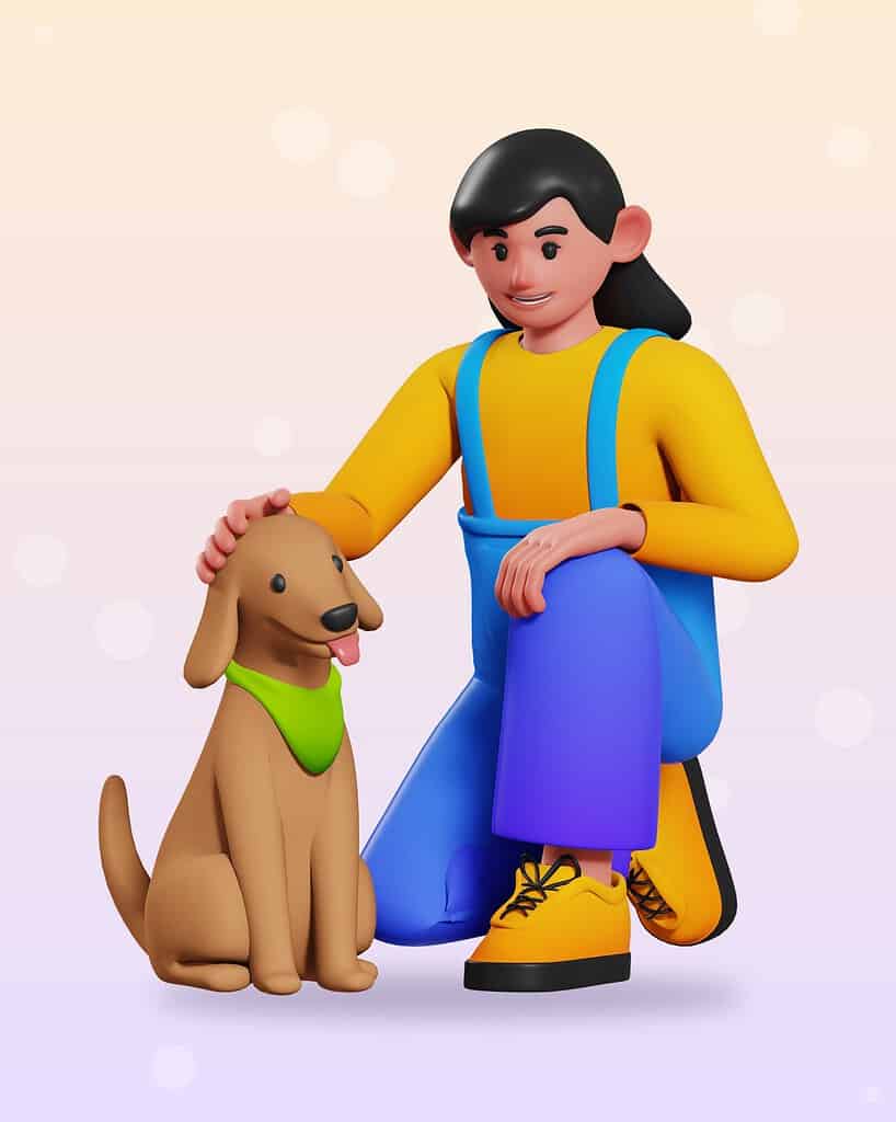 3D illustration of a girl petting a dog that is asking for attention