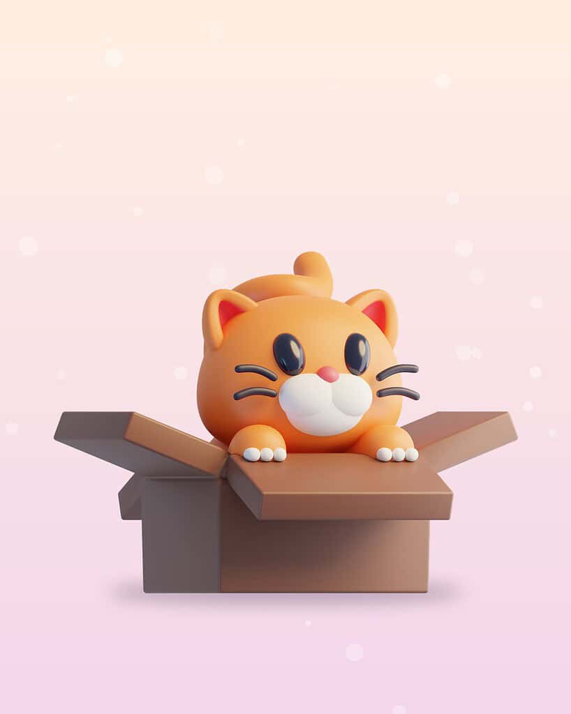 3D illustration of an orange cartoon cat peeking out of a cardboard box