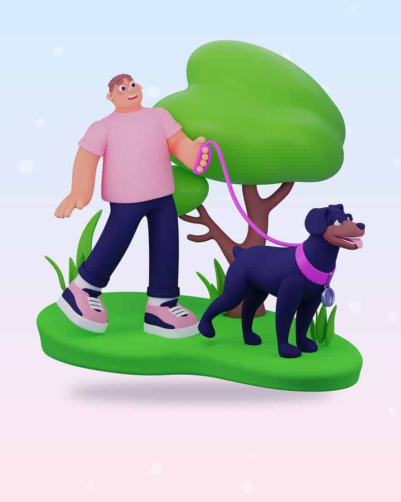 3D illustration of a person walking a dog on a leash