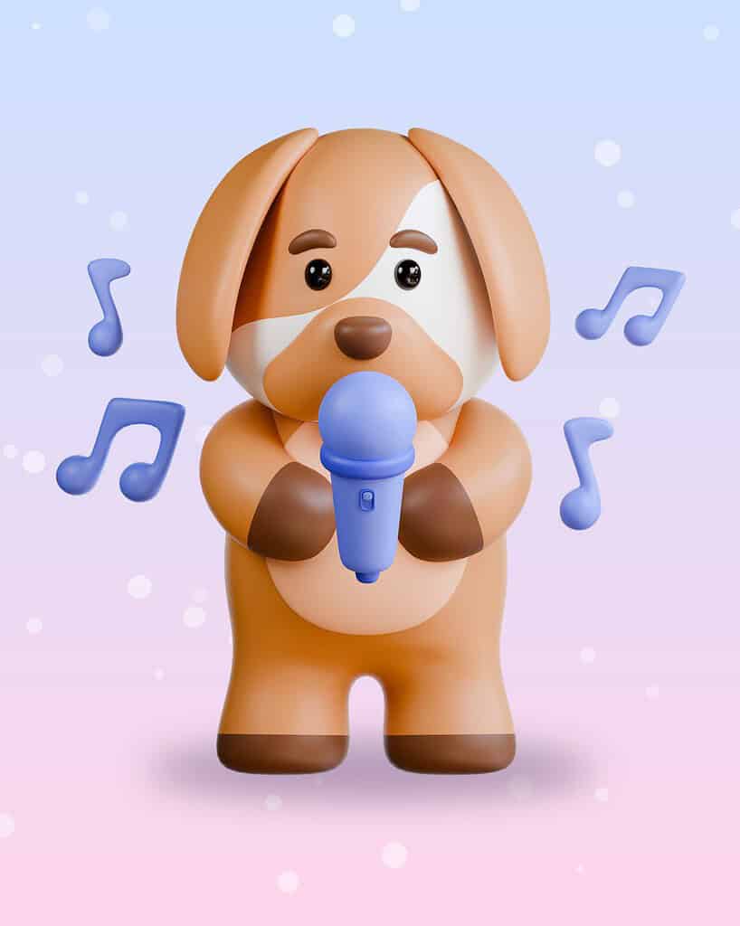 3D illustration of a cartoon dog singing into a microphone with music notes