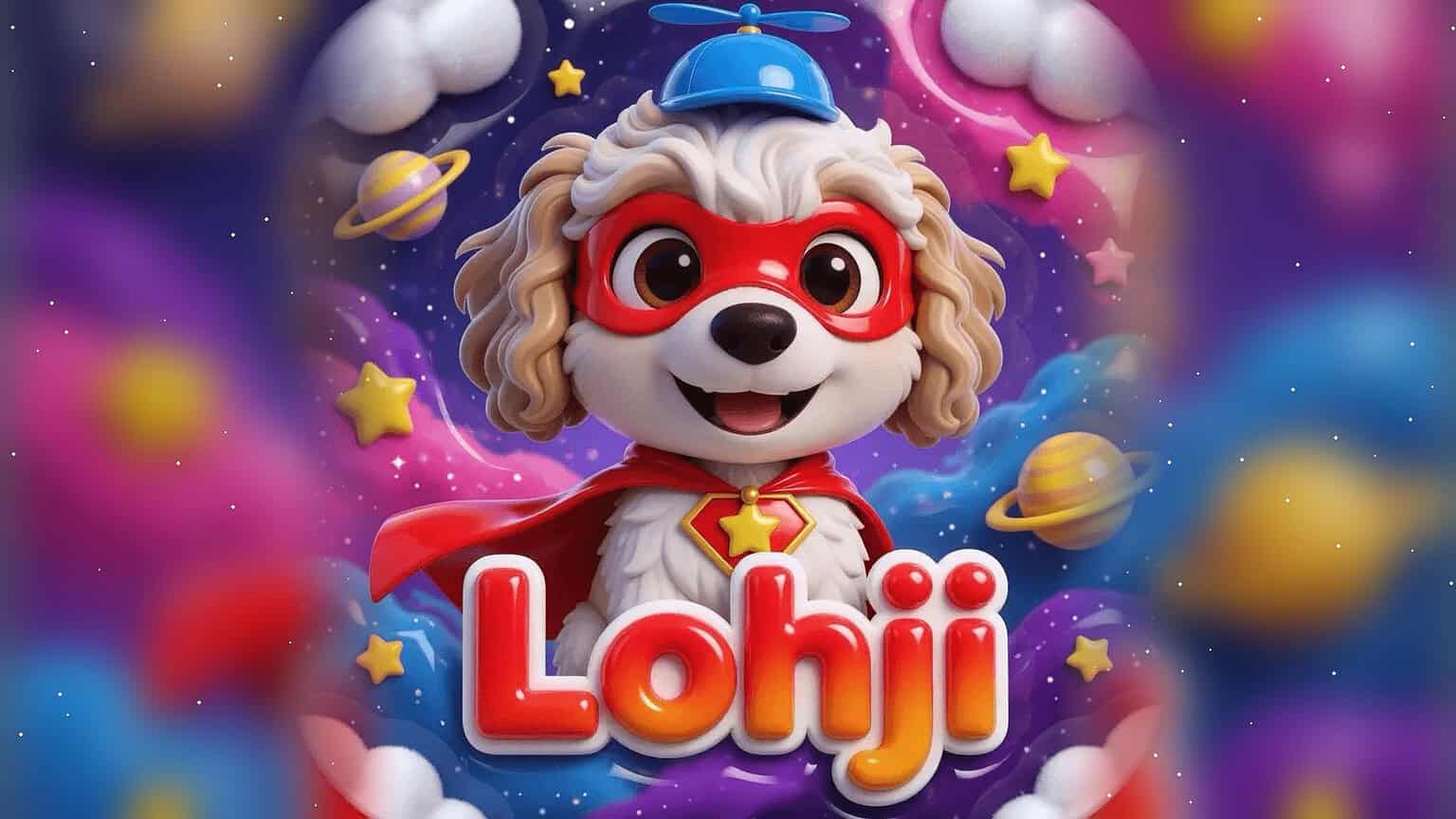 Lohji app icon: a cartoon dog in a red superhero mask, cape and propeller cap above the Lohji logo, in a starry cosmic sky