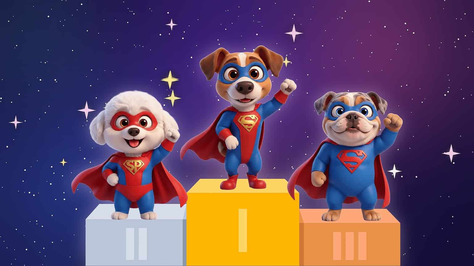 Three cartoon dogs in superhero masks and capes standing on a winners' podium against a starry purple sky