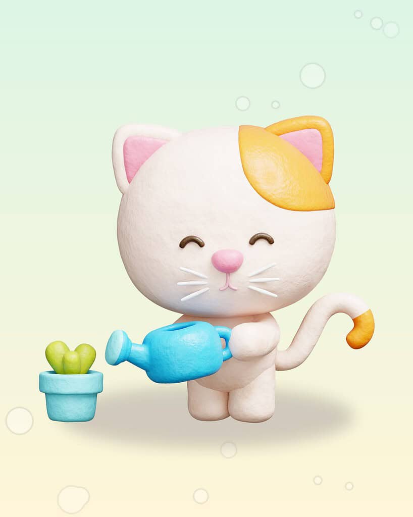 3D cartoon cat watering a small potted plant