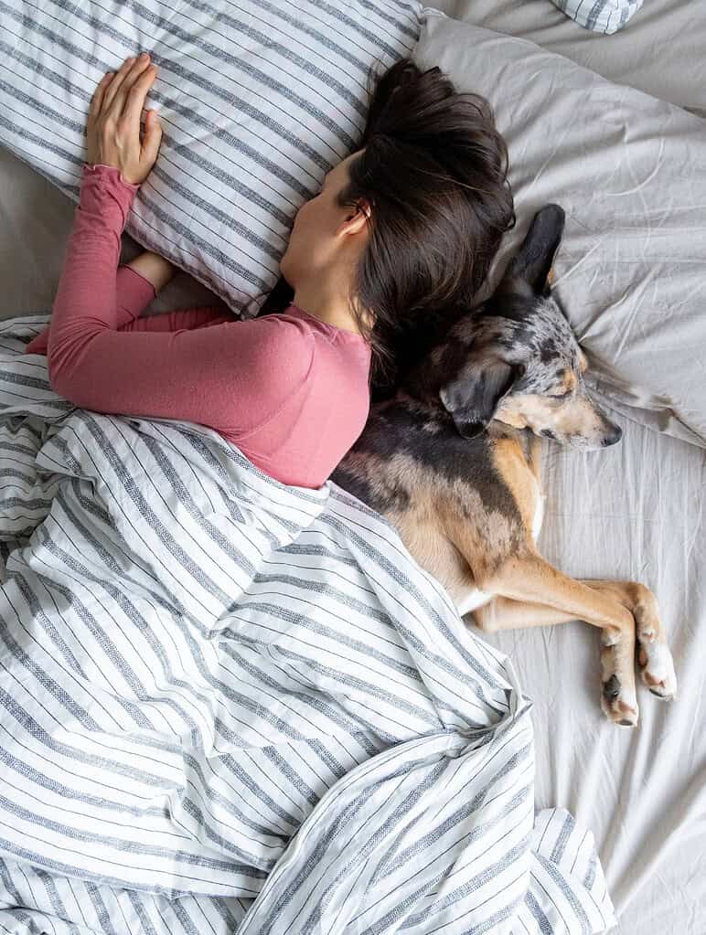 Woman sleeping with her dog on a bed, both resting peacefully.