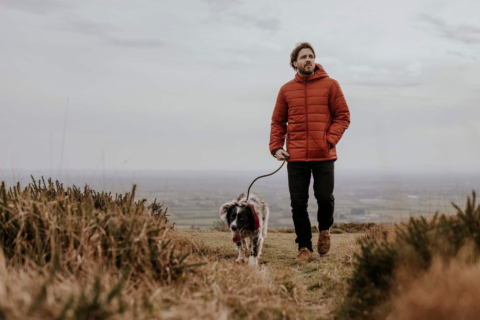 Man in a red jacket walking a spaniel on a leash across autumn moorland